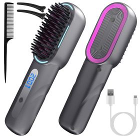Cordless Hair Straightener Brush Rechargeable Mini Styling Comb with 4 Heating Levels Blue Light Sterilization Single press Stray Hair Removal 20Mins (Option: StraightenerBrush(Grey))