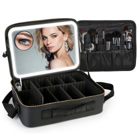 Travel Makeup Bag with LED Mirror Makeup Case Organizer with 3 Light Colors Adjustable Dividers Brush Holder Magnifying Mirror Shoulder Strap Luggage (Option: MakeupBag(LBlack))